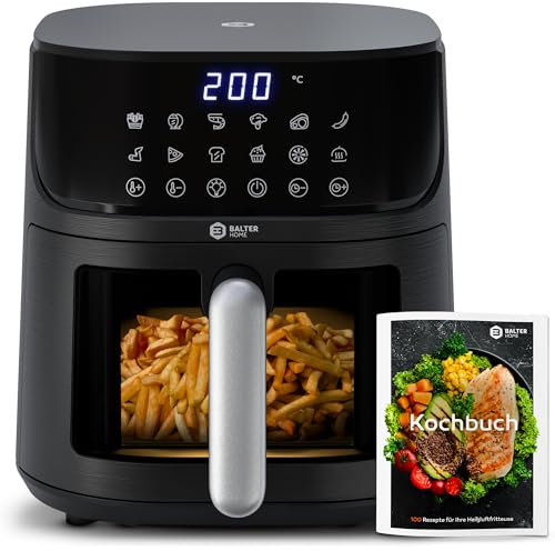 Balter Heißluftfritteuse Airfryer, 5,5 L, Friteuse Heissluftfritteuse XXL mit Sichtfenster, 12 Programme, all-in-1 Air Fryer, inkl. 100 Rezepte, HL-551T