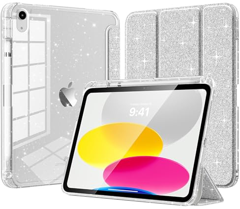 TiMOVO Cover per iPad A16 11 Generazione 11 Pollici 2025, iPad 10 Generazione 2022 10,9 Pollici, Custodia Guscio Posteriore Trasparente Lucido e Portapenne, Auto Sveglia/Sonno, Argento Glitterato
