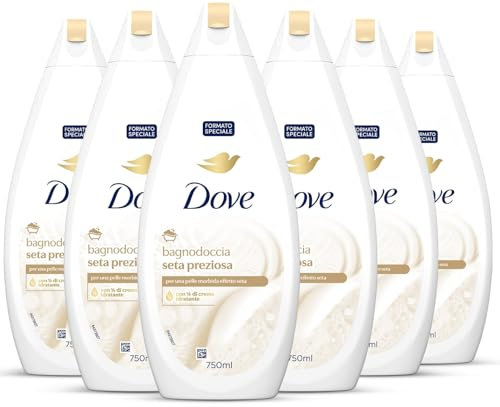 Dove Docciaschiuma Seta Preziosa, Formula con Idratante Dermo-Naturale, con 1/4 di Crema Idratante, Dermatologicamente Testato, Bagnoschiuma Uomo e Donna, 100% Bottiglia Riciclata* 6 Pezzi x 750 ml