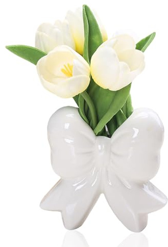 Vase Schleife aus Keramik, Boho Deko Blumenvase Modern, Schleife Tulpenvase Porzellan, Wohnzimmer Deko Aesthetic Vasen für Tulpen, Zimmer Deko Tisch Blumenvase Geschenke für Mama zum Muttertag (Weiß)