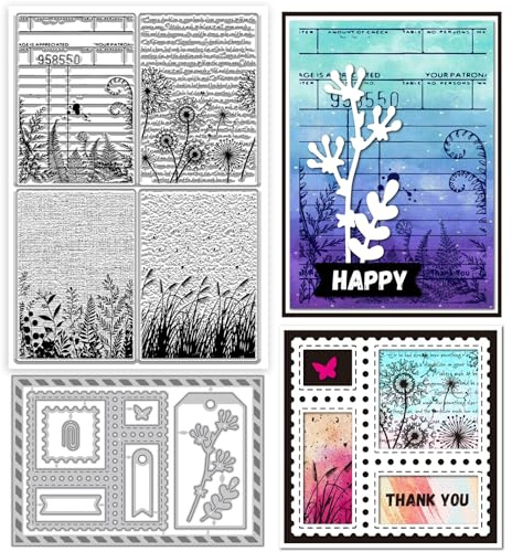 GLOBLELAND Timbri Trasparenti con Texture di Foglie Vintage e Fustelle In Metallo Sfondo con Foglie di Felce Timbro Trasparente con Fiori di Campo e Denti di Leone Fustelle