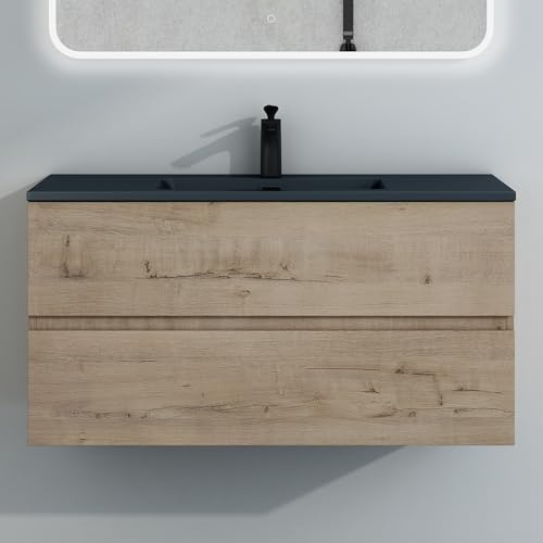 Mai & Mai Waschtisch mit Unterschrank Waschbecken Waschbeckenunterschrank | Badmöbel-Set 100x48x50cm Eiche Greige, mit Waschbecken in Anthrazit, 2-Schubladen Soft-Close Aqualis