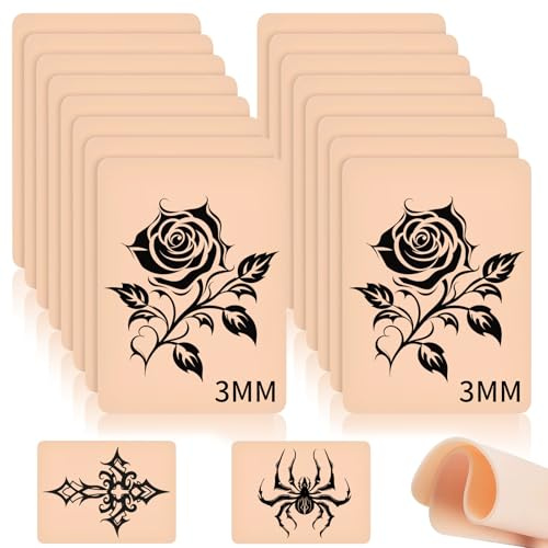 Piel sintética para tatuajes de 3 mm, 16 piezas de 20x15 cm, piel sintética para tatuajes mejorada y engrosada, piel sintética de silicona de doble cara para practicar tatuajes para principiantes y