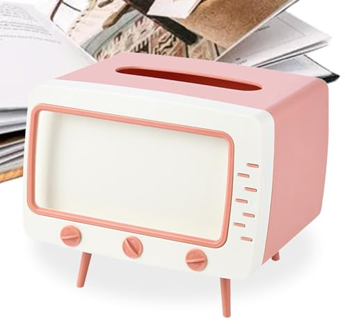 Vintage TV Cloth Box Holder - Retro Style Multifunctional Organizer | Decorative Fabric Dispenser With Phone Holder For Office, Table, Dresser, Living Room, Cham