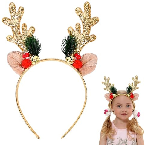 Fasce Natalizie,Archetto con corna di renna,Novità Natale Headband Renna fascia con orecchie bella copricapo per bambini adulti,Dorato