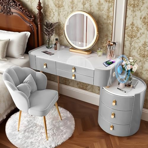 Generisch Groß Schminktisch mit Glasplatte für Schlafzimmer Kosmetiktisch mit Spiegel, Schminktisch mit Hocker Schubladen Frisiertisch mit Bluetooth -Lautsprecher (Grau & Gold UV, 100CM)