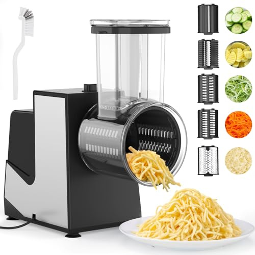 FITNATE Electric Grater with 5 Stainless Steel Blades, One-Touch Food Processor Salad Maker for Slicing, Shredding&Grinding Cheese, Vegetables, Nuts, Biscuits-Easy to Operate