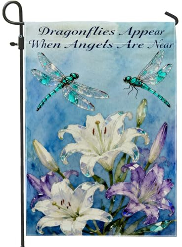 Drapeau de jardin libellules - Fleurs de lys fantaisie - Bleu printemps - Double face - Petit drapeau de jardin pour extérieur, terrasse, pelouse, porche, balcon - 30,5 x 45,7 cm