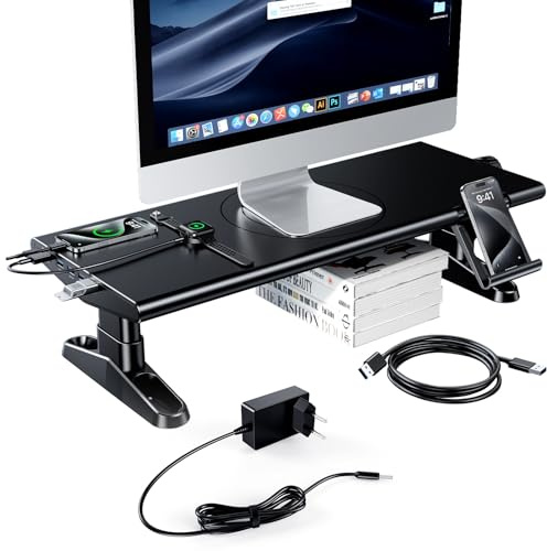 Monitorständer mit 6 USB C 3.0 Hub,HöHenverstellbar Monitor Erhöhung Schreibtisch Organizer Monitor Stand Riser mit Handyhalterung,Bildschirmerhöhung Ständer für Laptop,Computer,PC,Tv(Schwarz)