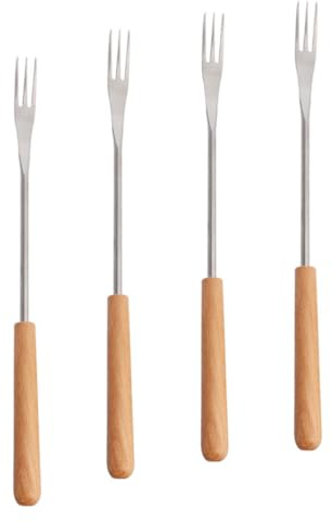 Milisten Lot de 4 Fourchettes Fondue en Acier Inoxydable Manche Bois, Anti-Brûlure, pour Fromage, Barbecue et Dessert