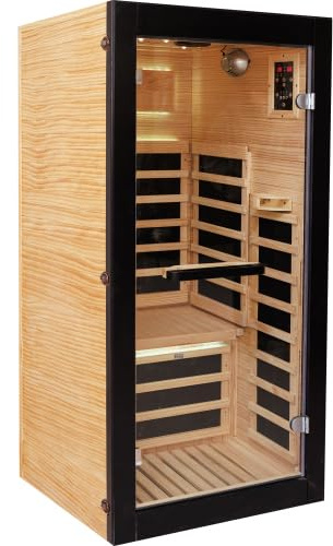 fullarrive 1 Person Infrared Sauna Cabin for Home, 8 Heating Plates 1050W Far Infrared Sauna with Starry Sky & Color Lights, Chilean Pine Wood Indoor Sauna in American White Oak (30.7x30.7x62.2)