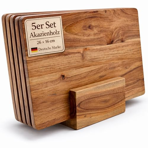 Plogis Frühstücksbrettchen Holz Set (5er) aus Akazie mit Ständer – kleine Schneidebretter 26×16 cm für Küche, Brotzeit & Vesper - Schneidebrett aus Holz