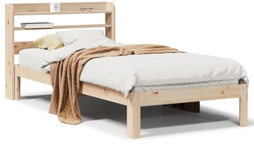 Mhdvray Kiefernholz Einzelbett mit Kopfteil & Regal 206x100x82 cm, rustikal freistehendes Bettgestell ohne Matratze, Stauraumbett für Jugendzimmer, Gäste- und Schlafzimmer