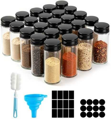 Kryddburkar, set med 24 fyrkantiga lufttäta kryddburkar i glas, 120 ml, med lock och ströinsats, 340 etiketter, tratt, silar och tomma klistermärken, kryddburkar för kryddorganizer, låda