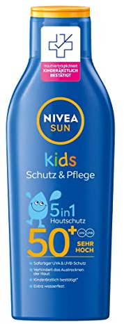 NIVEA SUN Kids Schutz & Pflege Sonnenmilch LSF 50+ (200 ml), pflegende Sonnencreme mit LSF 50+, extra wasserfeste Sonnenlotion für empfindliche Kinderhaut