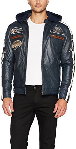 URBAN 5884 Chaqueta Moto Hombre en Cuero 58 Gents, Cazadora de Moto de Piel de Cordero, Armadura Removible para Espalda, Hombros y Codos, Azul marino, XL