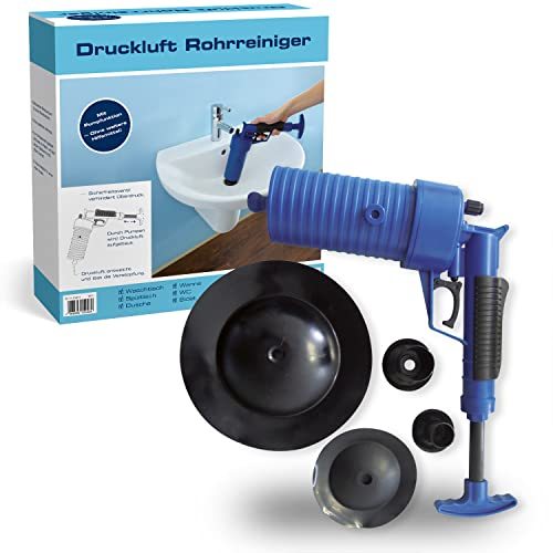 Sanitop-Wingenroth Pressluft Rohrreiniger Druckluft | für alle Abflüsse im Sanitärbereich | bis 3,5 Bar | inklusive 4 PVC-Aufsätzen | ohne Chemikalien | Abflussreiniger Pumpe | 25443 4, Blau