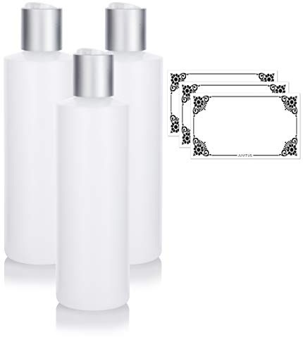 JUVITUS Clear Natural Refillable Plastic Squeeze Bottle with Disc Cap - 8 oz (3 Pack) + Labels