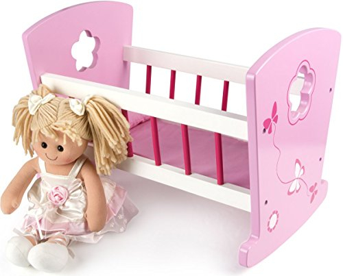 Leomark Puppen Wiege aus Holz - ROSA - Puppenwiege mit Bettwäsche, Kissen Matratze, Puppenmöbel für Kinder, Puppenbett mit Stoffpuppe Prinzessin