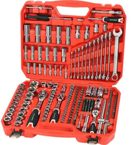 Neilsen CT3748 219pc 1/4in 3/8in 1/2in Drive Socket Set with Deep Sockets E-Type Sockets Spark Plug Sockets Extension Bars 72T Ratchets Hex Key Wrench Set and Combination Wrench Set