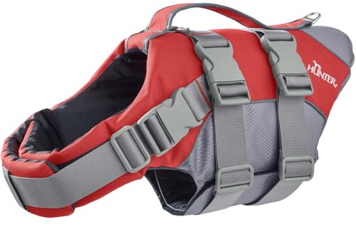 HUNTER Hunde-Schwimmweste MOSS, Farbe: rot, maximale Sicherheit durch starken Auftrieb, individuell verstellbar, reflektierende Elemente, praktische Handschlaufe, Größe: XL