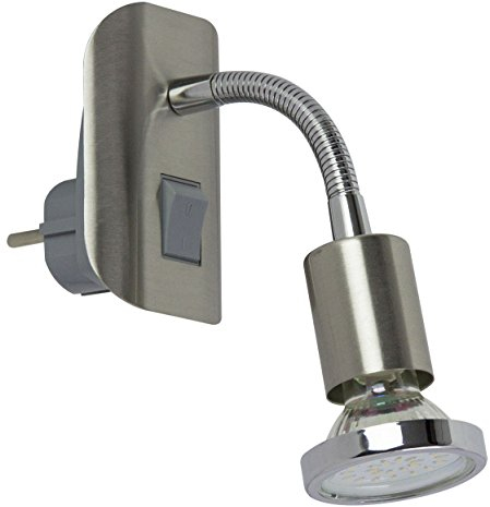 TRANGO 11-052 Lampada LED a spina in look acciaio inox con anello decorativo cromato, luce a spina, luce notturna incl. 1 lampadina LED GU10 3000K bianco caldo e interruttore ON/OFF lampada da lettura