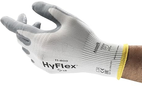 Ansell HyFlex 11-800 Gants de Travail Professionnels, Enduction Nitrile Résistante à l'Abrasion, Protection Industrielle Multiusage, Manutention et Mécanique, Blanc, Taille M (12 Paires)