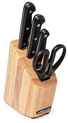 ARCOS Ensemble de Couteaux 4 Pièces (3 Couteaux + 1 Paire de Ciseaux) – Lame en Acier Nitrum, Bloc en Bois de Pin, Poignée Ergonomique en Polyoxyméthylène – Noir, Série Universelle