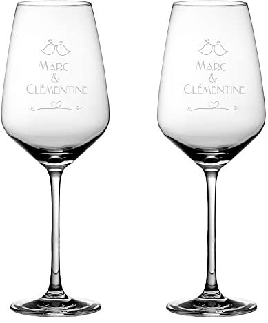 CADEAUX.COM - Lot de 2 Verres à Vin Personnalisés avec deux prénoms - Nid d'Amour - Verres à Ballon 35 cl - Idée Cadeau Personnalisé