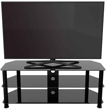 AVF Black Glass TV Stand - Black Tempered Glass and Metal Leg TV Unit Floorstand with Cable Management, 125cm Wide - Three Shelves - For TVs Up to 60 & 45kg - SDC1250CMBB