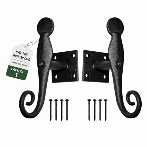 Renovators Supply Wrought Iron Shutter Dogs - Heavy-Duty Rat Tail Shutter Dog for Home Improvement - Rustic Decorative Shutters - Storm Shutter Fasteners with Mounting Hardware - Sold in Pairs, 1 Pack
