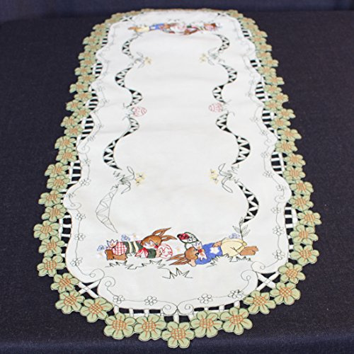 Anka Textil Tischläufer Mitteldecke Tischdecke Tisch-Deckchen Deko Ostern Hasse Weiß Motiven Stickerei (30x70cm)