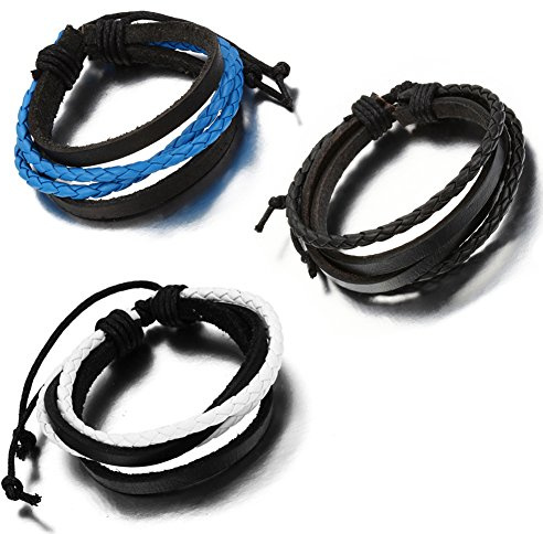 Flongo Men's Womens 3PCS Tribal Braided (Black,Blue, White) Leather Rope Surfer Wrap Bangle Bracelet, Fit 7-9 inch Wrist