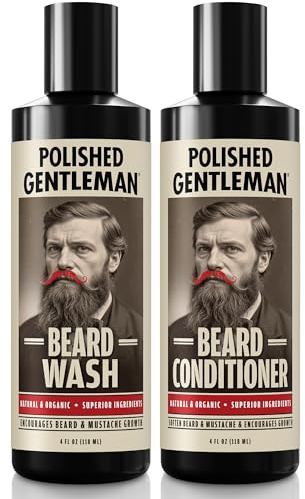 Polished Gentleman Beard Shampoo and Conditioner Set - Refreshing Beard Moisturizer & Mustache Softener - Beard Thickener with Tea Tree & Growth Oil - Paraben-Free & Sulfate-Free - Made by USA (4Oz)