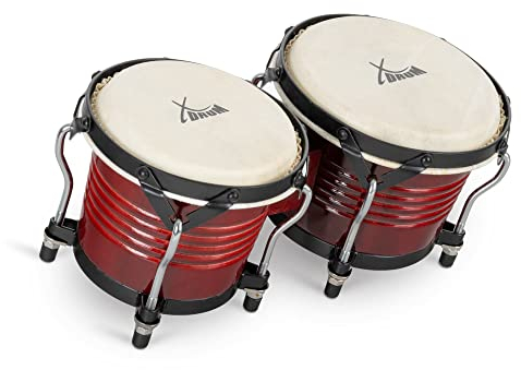 XDrum Bongos Pro Weinrot - 2 Trommeln mit 6,5 (17 cm) und 7,5 (20 cm) Durchmesser - Bongotrommeln mit stimmbaren Naturfellen und Stimmschlüssel - Holztrommeln Rot