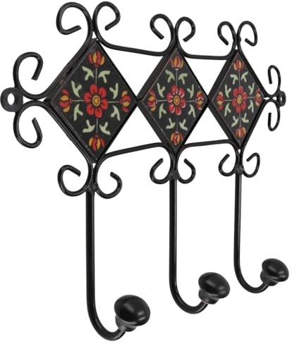 Dreier Garderoben Haken, Boho Fliesen Wandhaken, Vintage Design, Modell 7 | Indische Keramik, handbemalt, dekorativ, vielseitig einsetzbar, Maße Fliese: 5x5 cm