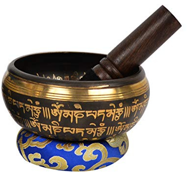 La meditación Cuenco Tibetano de Oro y Negro Arte Decoración con Pequeño Buda Hecho a mano el interior. (SINGH-SP-BLK (5BUD) -2)