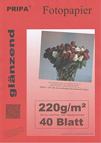 BEIDSEITIG pripa 40 Blatt Fotopapier DIN A4 220g/qm - beidseitig glossy (glaenzend) - sofort trocken - wasserfest - hochweiß - sehr hohe Farbbrillianz fuer InkJet/Tintenstrahl Drucker