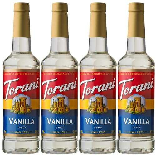 Torani Coffee Syrup, Vanilla Flavour (Pack of 4 x 750ml) | Cane Sugar Drink Flavouring for Lattes, Iced Coffee & Hot Drinks, Vegetarian Friendly