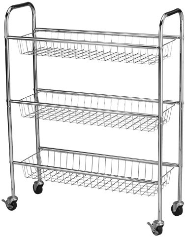 Household Essentials 3-Tier Slim Storage Cart, Heavy-Duty Steel Frame, Smooth Casters with Locks, Chrome-Like Powder Coat Finish, Arched Handles, Easy to Assemble, Modern, Compact, Silver