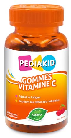 PEDIAKID - Gommes Vitamine C - Formule Naturelle au Délicieux Arôme de Cerise - Contribue à Réduire la Fatigue - Soutient le Métabolisme Énergétique et les Défenses de l'Organisme - 60 gommes
