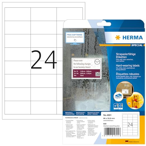 HERMA 4691 Wetterfeste Folienetiketten, 25 Blatt, 66 x 33,8 mm, 24 pro A4 Bogen, 600 Stück, selbstklebend, bedruckbar, matt, blanko Klebeetiketten Aufkleber aus Folie, weiß