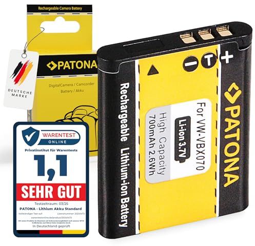 PATONA Batterie pour Panasonic VW-VBX070 VBX070E 700mAh | Batterie pour HX DC1 DC2 DC3 DC10 DC15 WA10, Toshiba PX1686, Sanyo DB-L80 DB-L80A, Pentax D-Li88, anti court-circuit