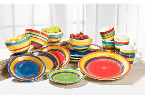 BrylaneHome 16 Piece Santa Fe Dinnerware Set (Service for 4), Includes Dinner & Salad or Dessert Plates, Bowls, Mugs, Colorful Stripe Southwestern Fiesta Pattern - Multi Stripe