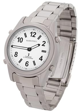 Marschall Deutsch sprechende Damen Armbanduhr I 1138 I Funkarmbanduhr I Für Blinde, Senioren und Sehbehinderte I Datum- und Zeitansage I Extra große Zeiger I Silbernes Metallgliederarmband