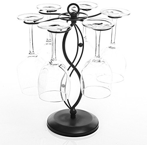 MyGift 6-Hook Rotating Wine Glass Rack with Sturdy Base & Scrollwork Design - Black Metal Countertop Stemware Holder | Rust-Resistant, Space-Saving Storage for Kitchen, Bar, Dining Table (13.75 H)