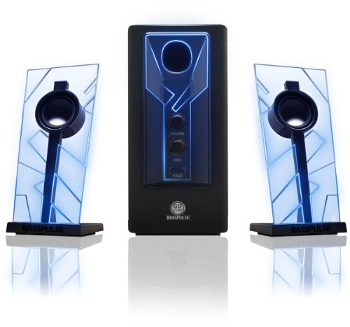 GOgroove BassPULSE 2.1 Computer Speakers with Blue LED Glow Lights and Powered Subwoofer - Gaming Speaker System for Music on Desktop, Laptop, PC with 40 Watts, Heavy Bass