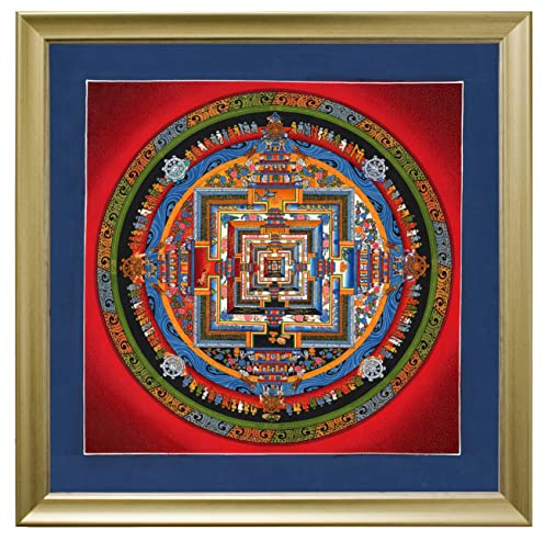Mandala Kalachakra Leinwandbild Druck religiöses Wandbild mit schönen goldenen Holzrahmen 40x40 cm