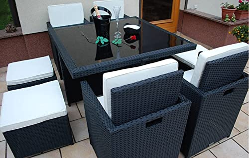 Ragnarök-Möbeldesign PolyRattan - DEUTSCHE Marke - EIGNENE Produktion - 8 Jahre GARANTIE auf UV-Beständigkeit Gartenmöbel Schwarz Essgruppe Tisch + 4 Stühle 4 Hocker 12 Polster