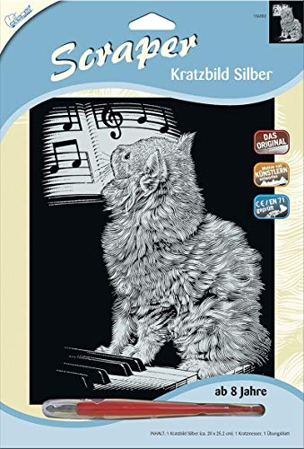 Mammut 136002 - Kratzbild, Motiv Katze am Piano, Silber, glänzend, Komplettset mit Kratzmesser und Übungsblatt, Scraper, Scratch, Kritzel, Kratzset für Kinder ab 8 Jahre